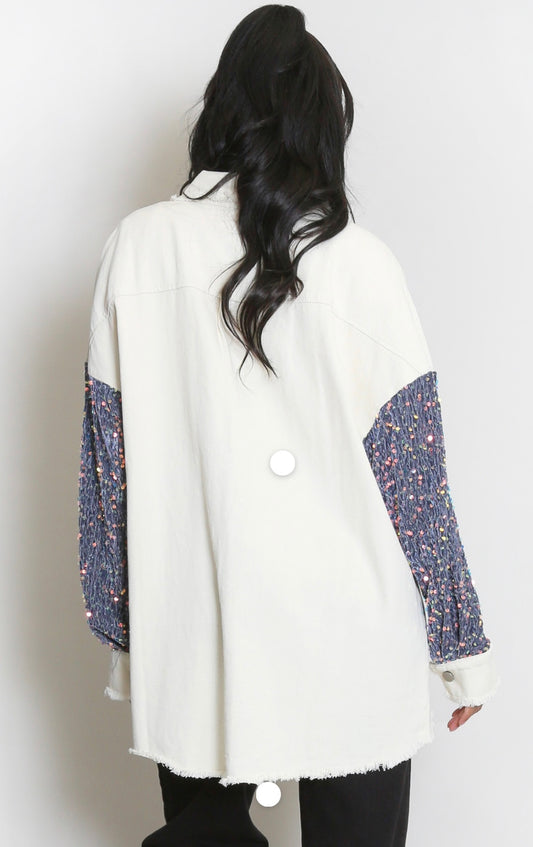Cream Sequin sleeved denim shacket