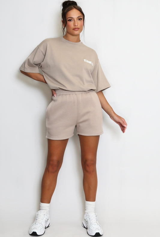 Beige Luxe relaxed fit shorts and t-shirt