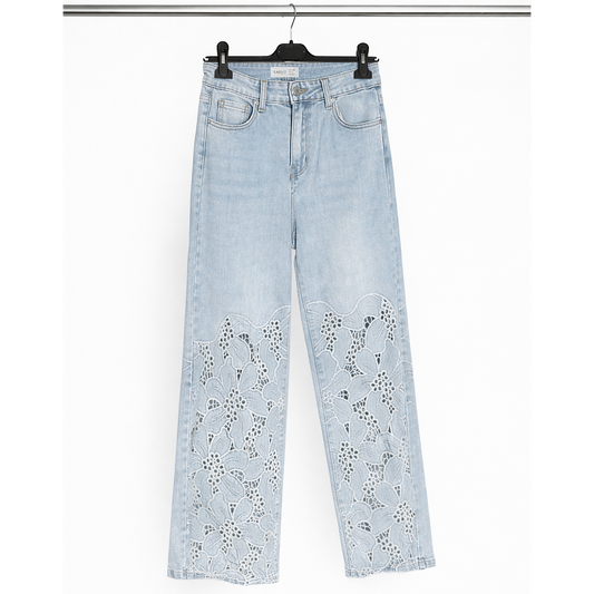 Floral Lace Wide-Leg Denim Jeans