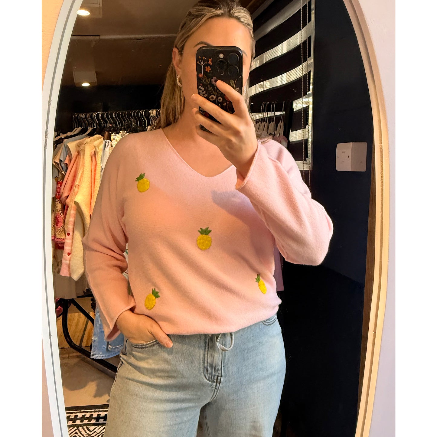 Embroidered Pineapple soft knit spring tops