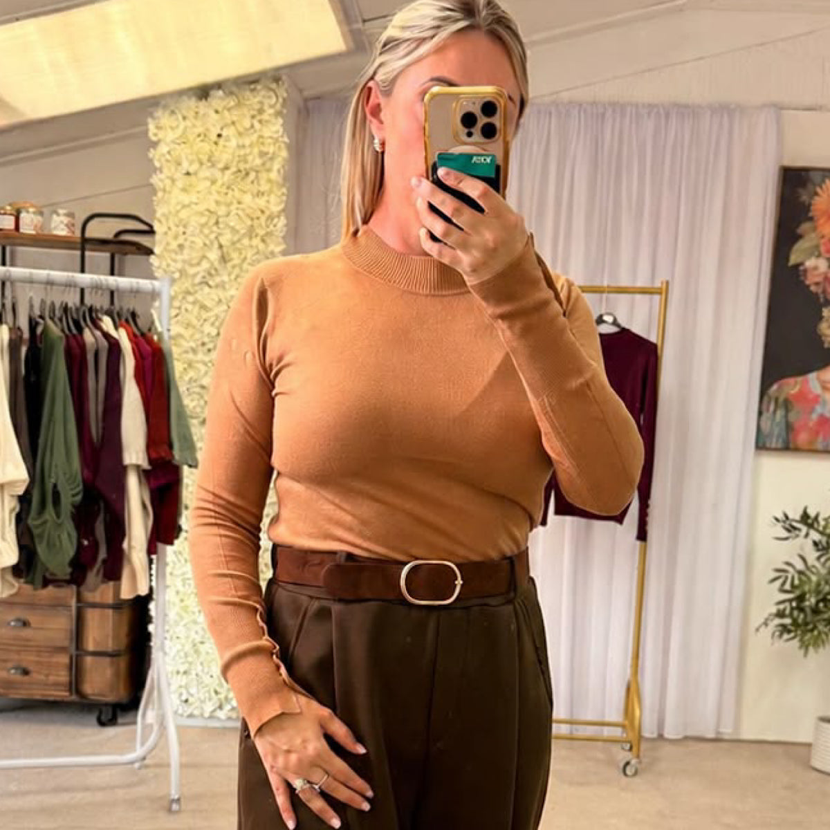Long sleeeved Gold Button Turtle Neck Fine Knit tops