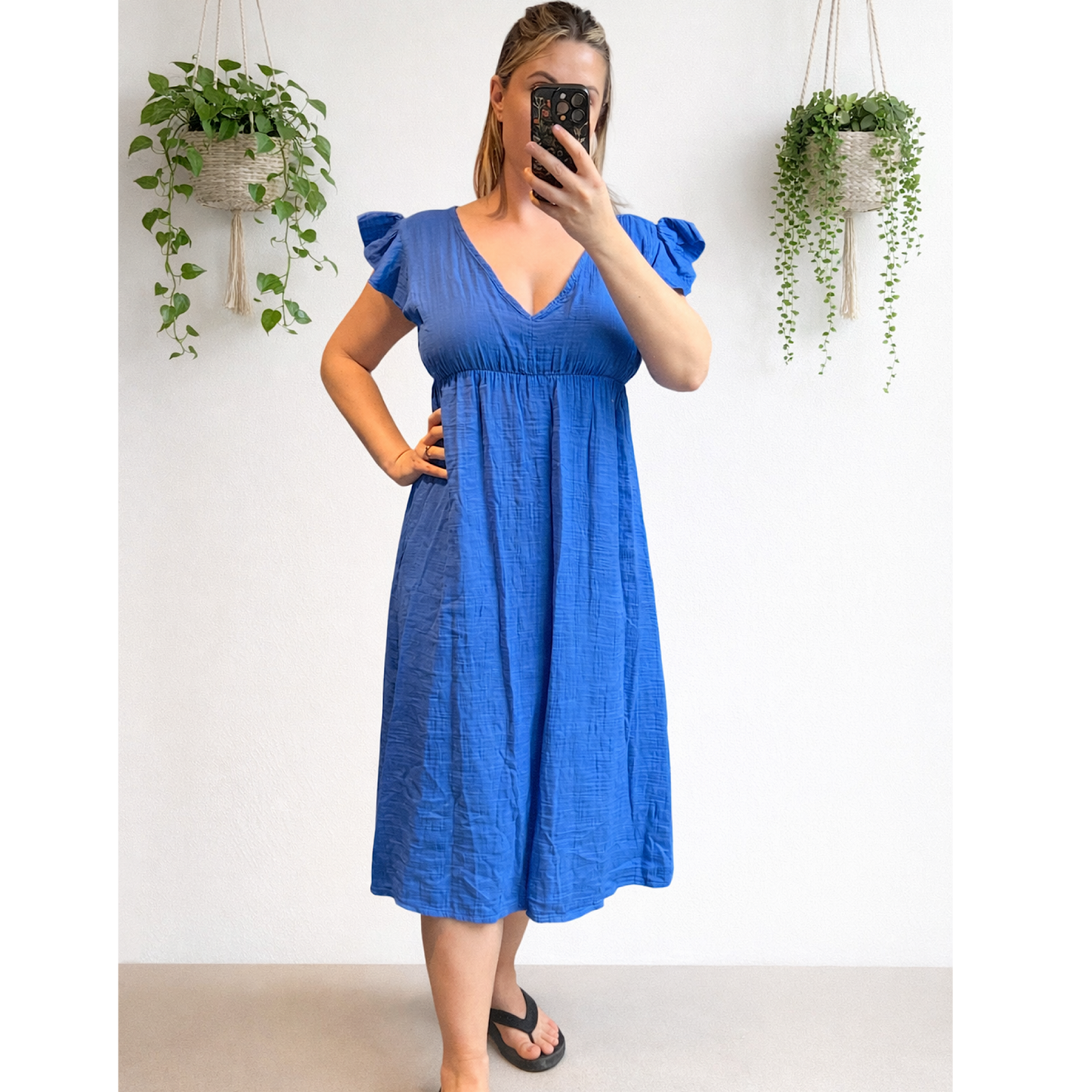 Cheesecloth cotton v neck frill sleeved midi dresses- mixed colours