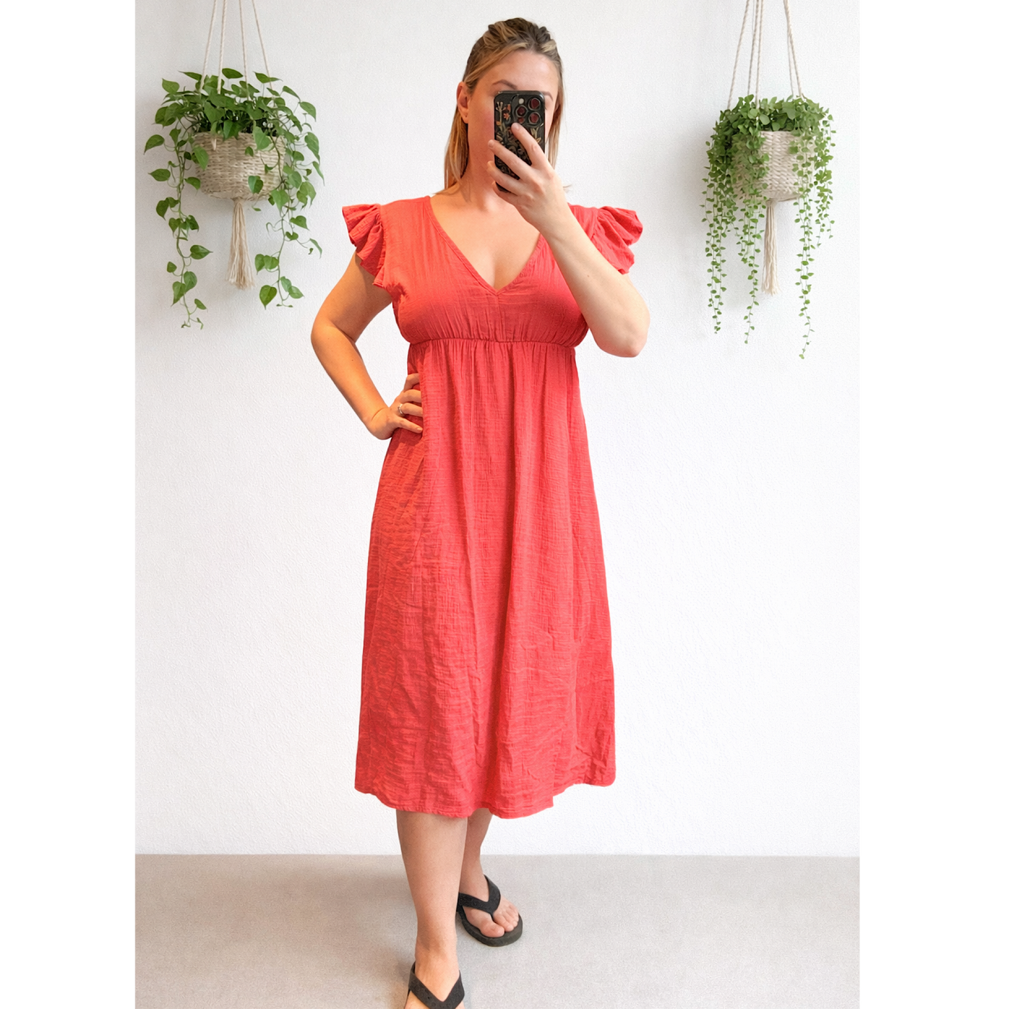 Cheesecloth cotton v neck frill sleeved midi dresses- mixed colours