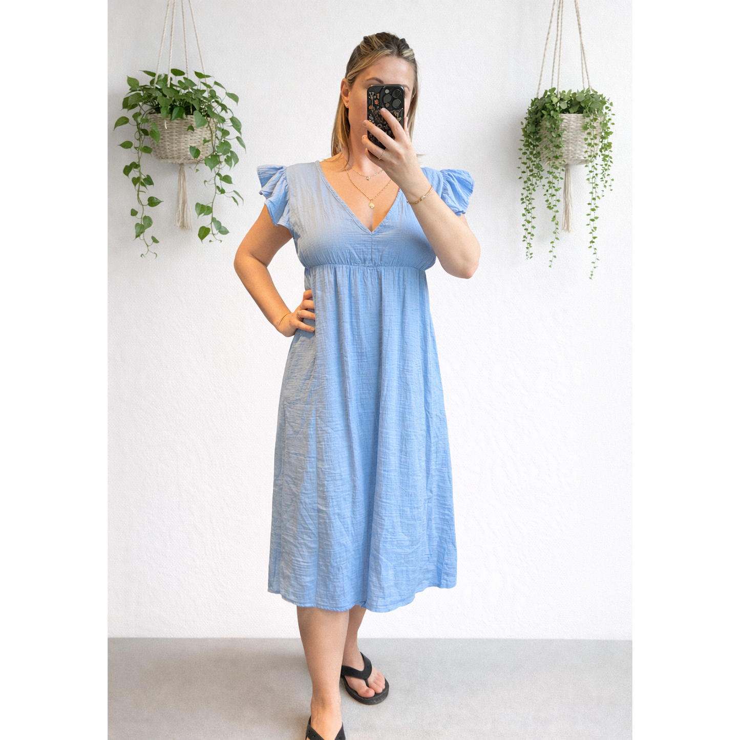 Cheesecloth cotton v neck frill sleeved midi dresses- mixed colours