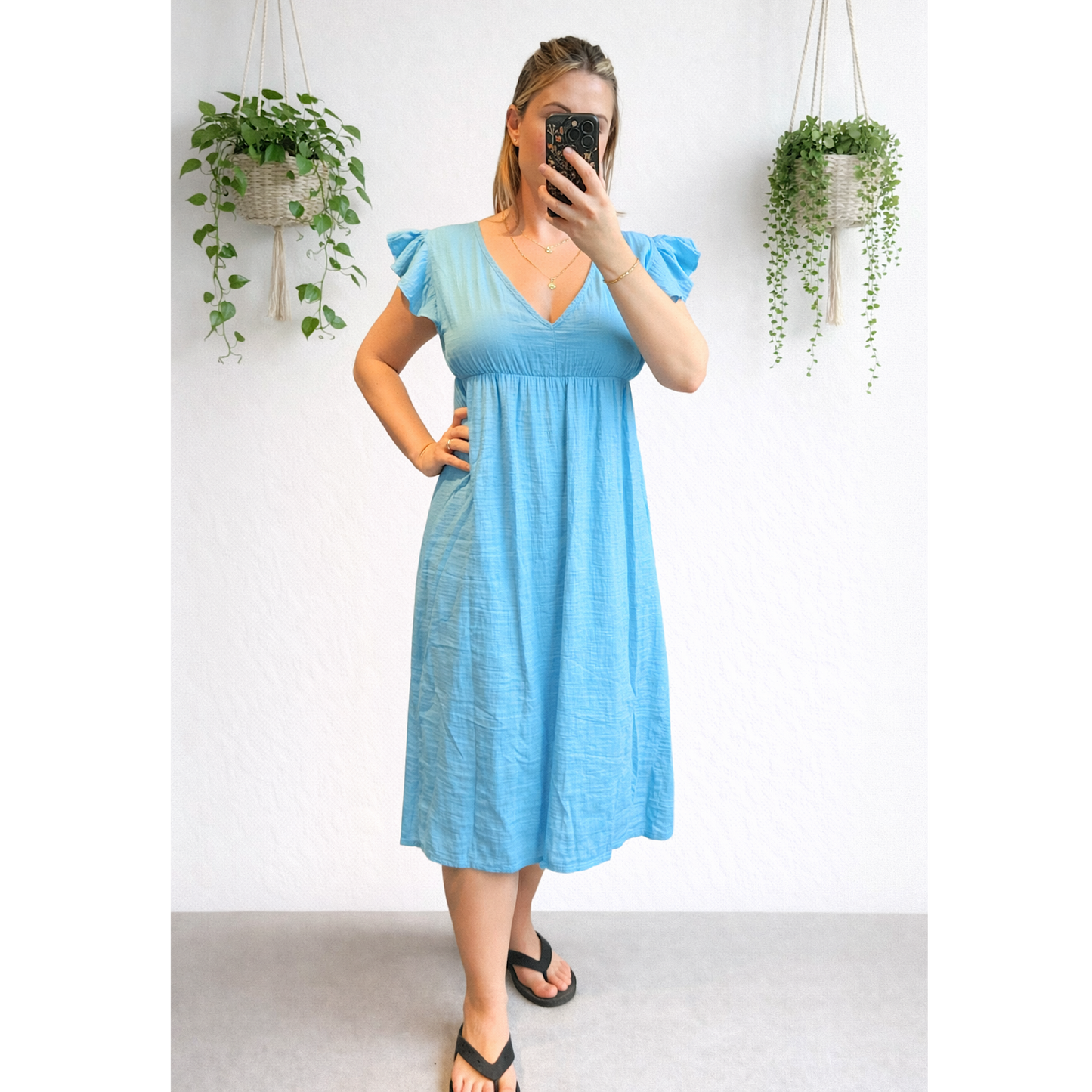 Cheesecloth cotton v neck frill sleeved midi dresses- mixed colours