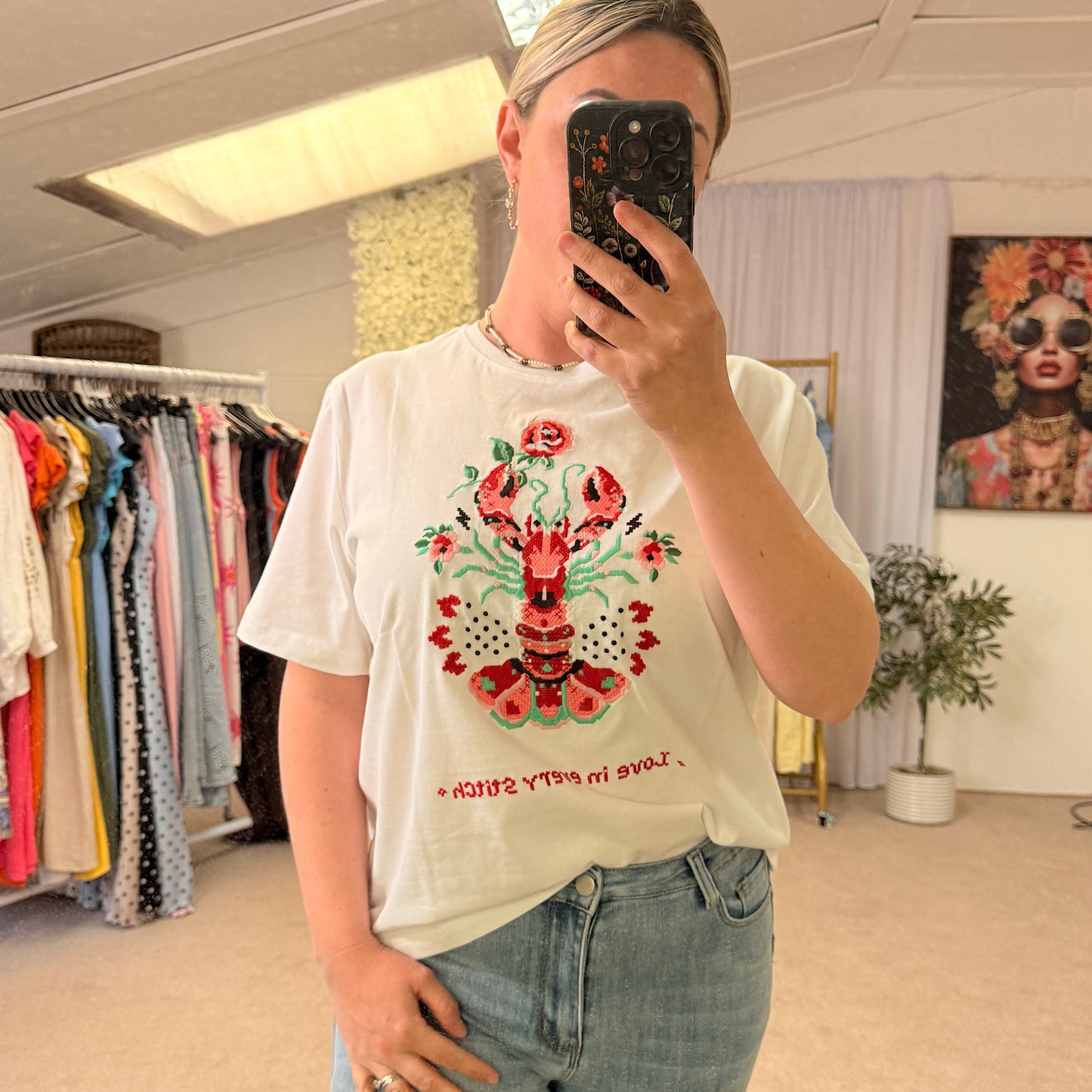 Love in every stitch embroidered white t-shirt