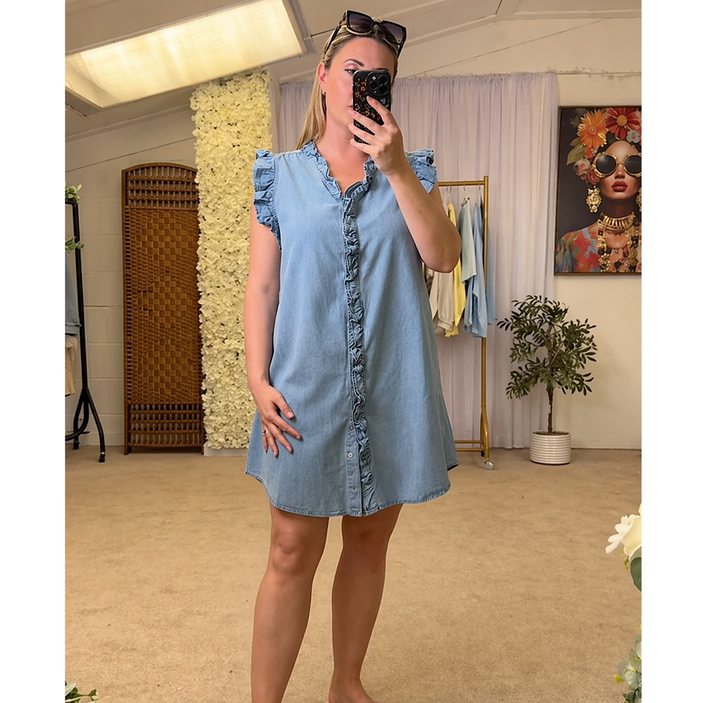 Cotton Denim look frill dress with optional belt