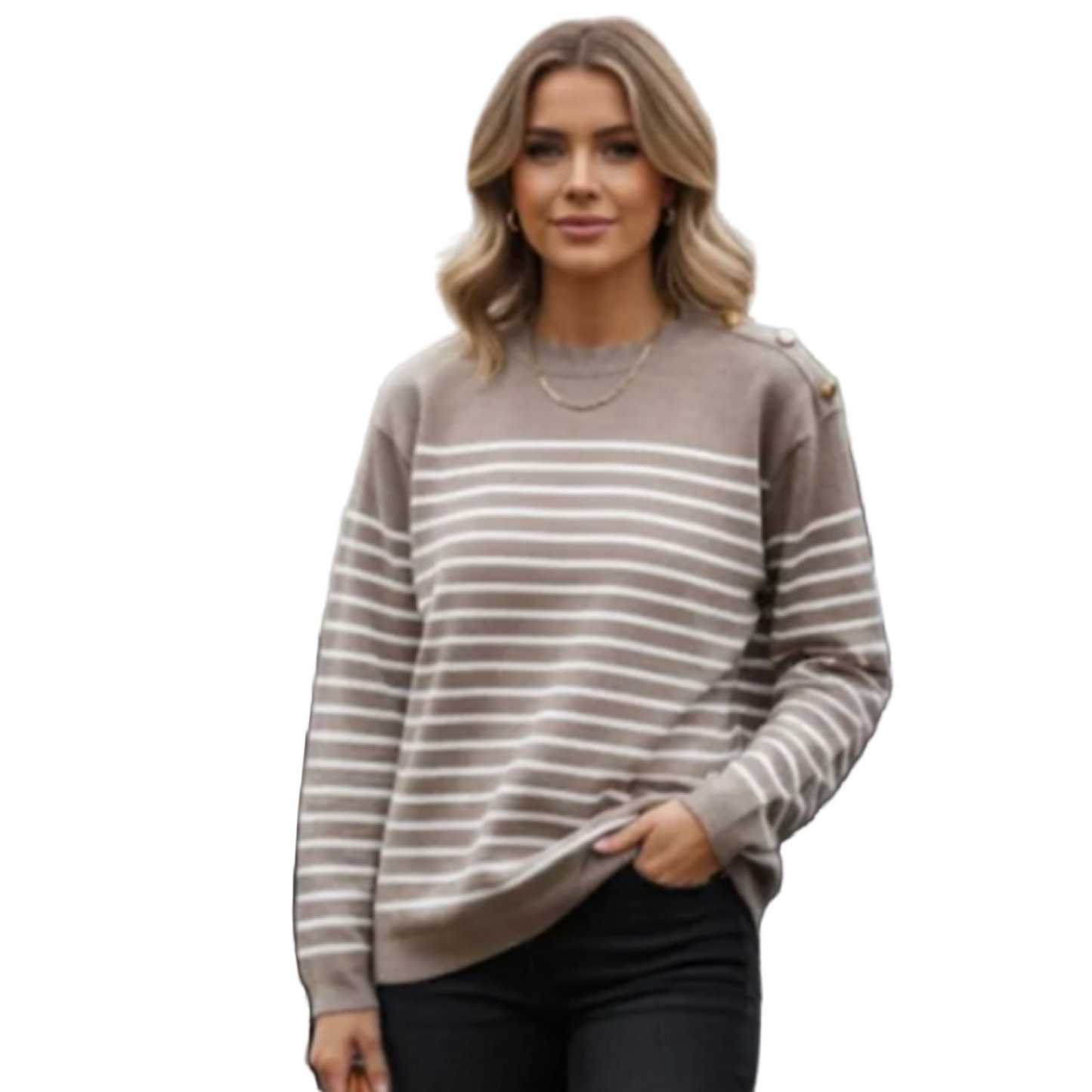 Shoulder gold buttoned striped jumper