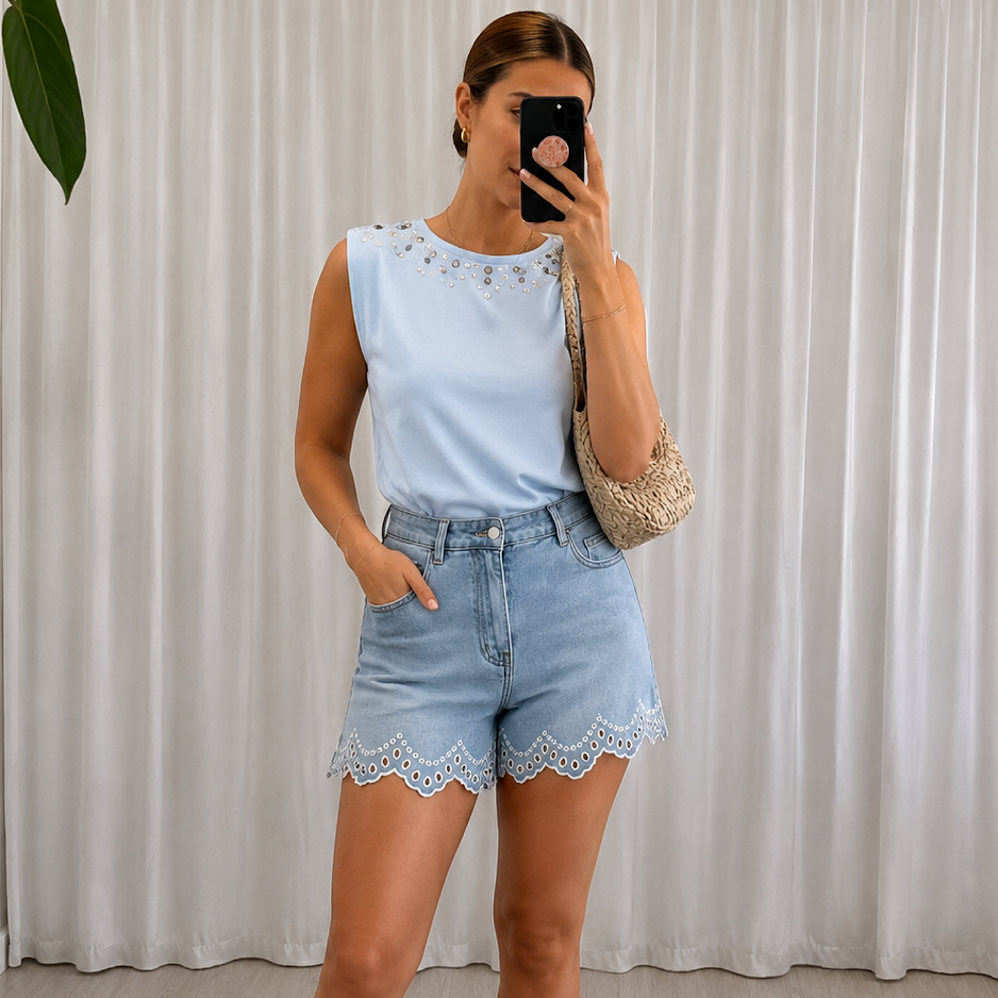 Willow Scalloped Hem High-Rise Denim Shorts