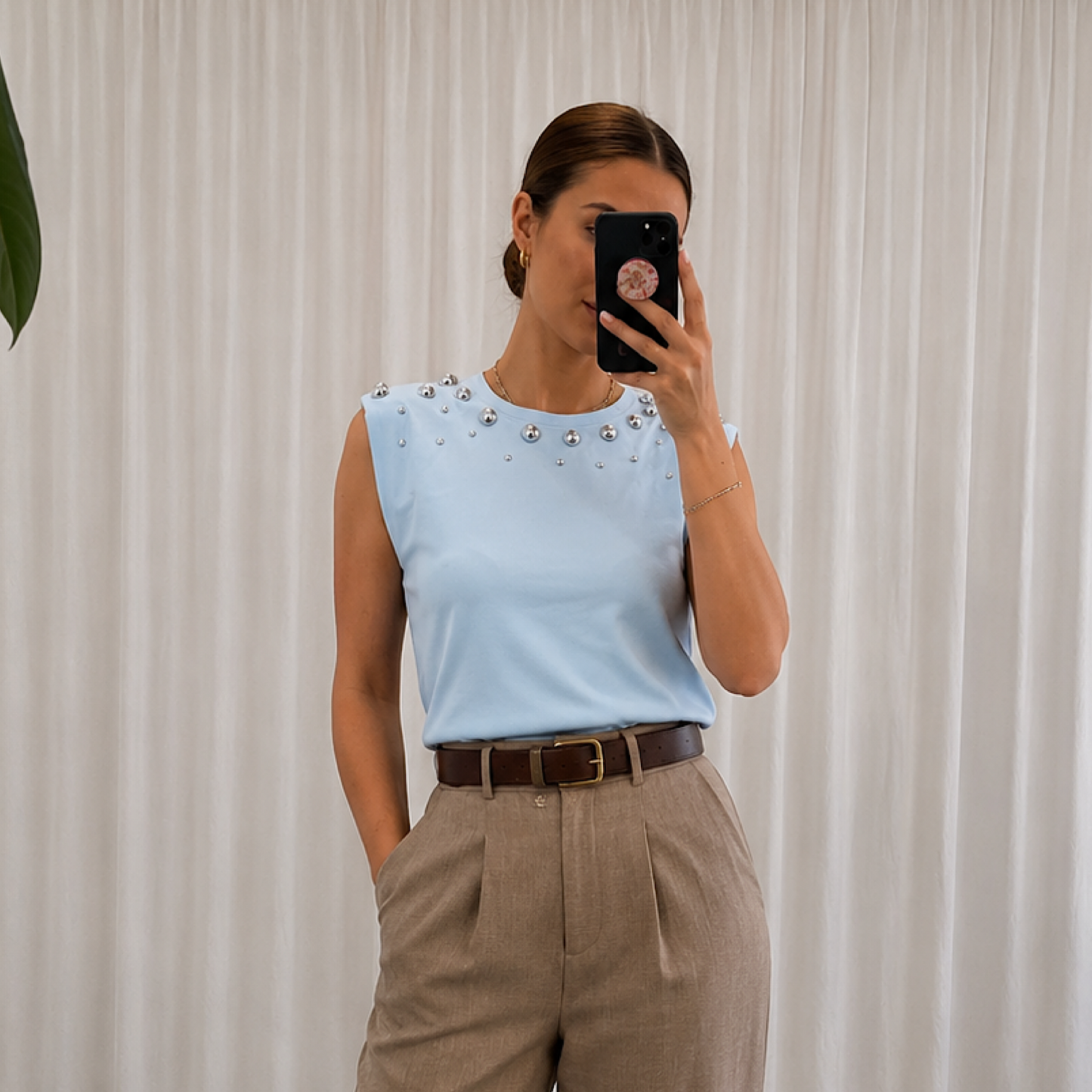 Silver ball detailed shoulder pad top