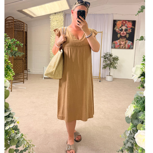 Cheesecloth cotton v neck frill sleeved midi dresses- mixed colours