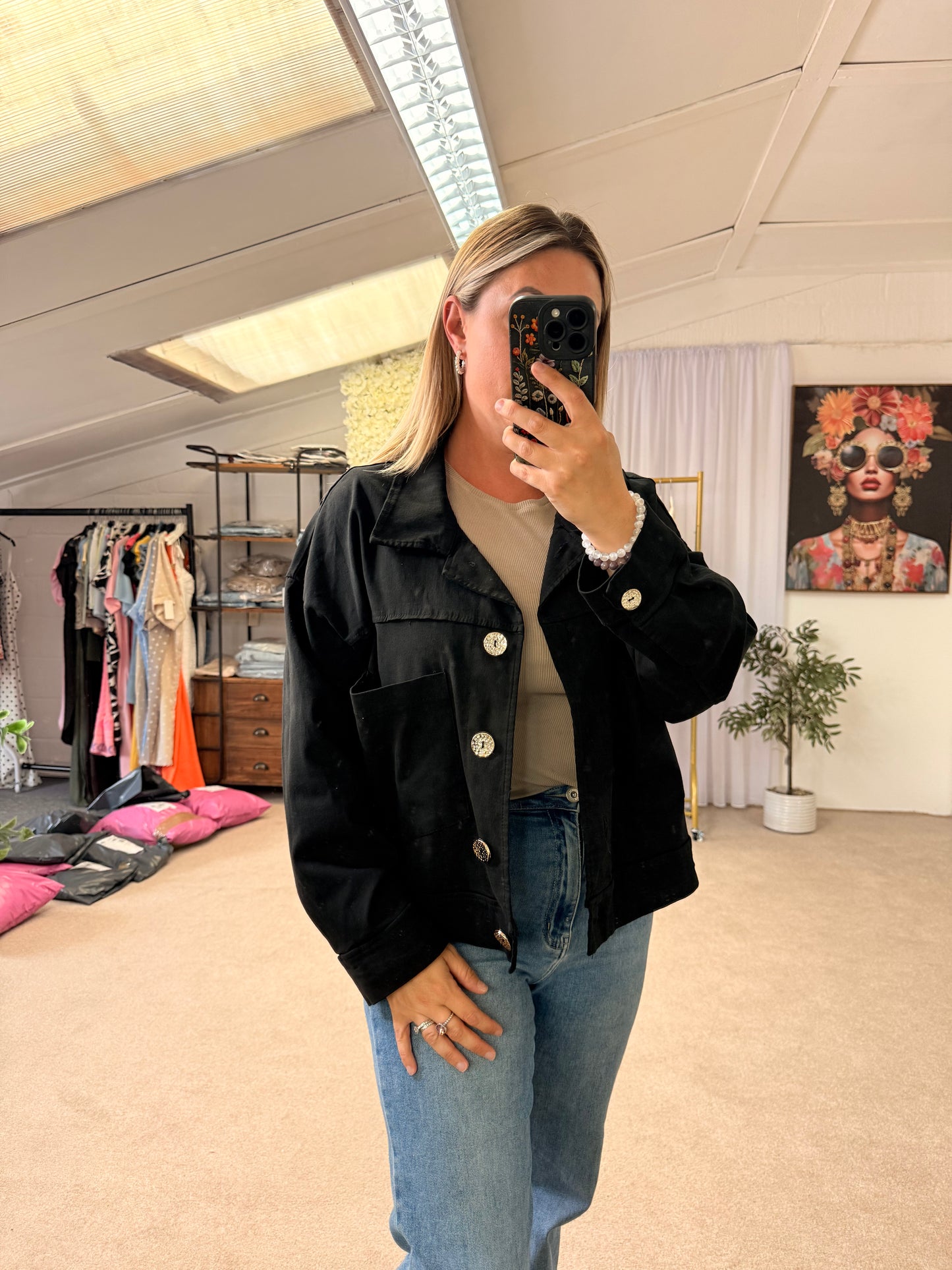 Macie pocket gold buttoned denim look jacket