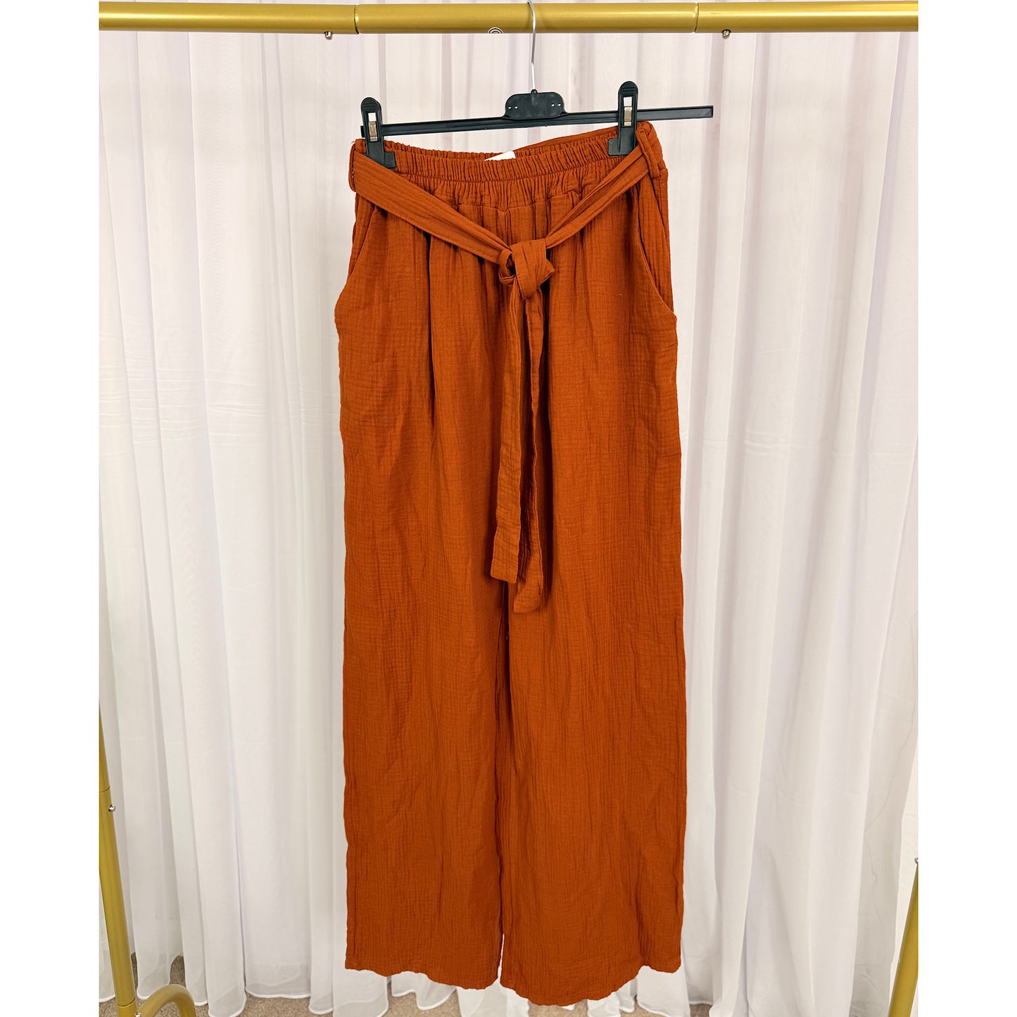 Terracotta Wide-leg cheesecloth cotton pants with pockets