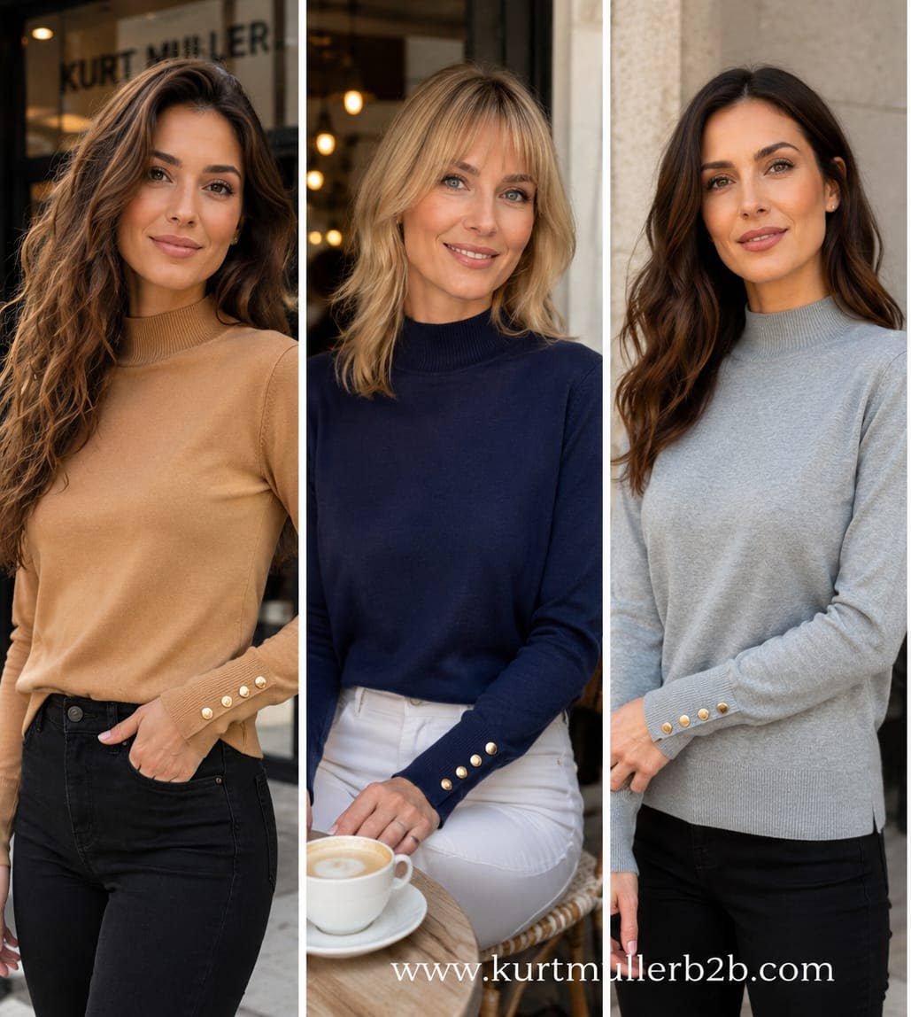 Long sleeeved Gold Button Turtle Neck Fine Knit tops